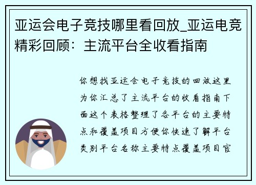 亚运会电子竞技哪里看回放_亚运电竞精彩回顾：主流平台全收看指南